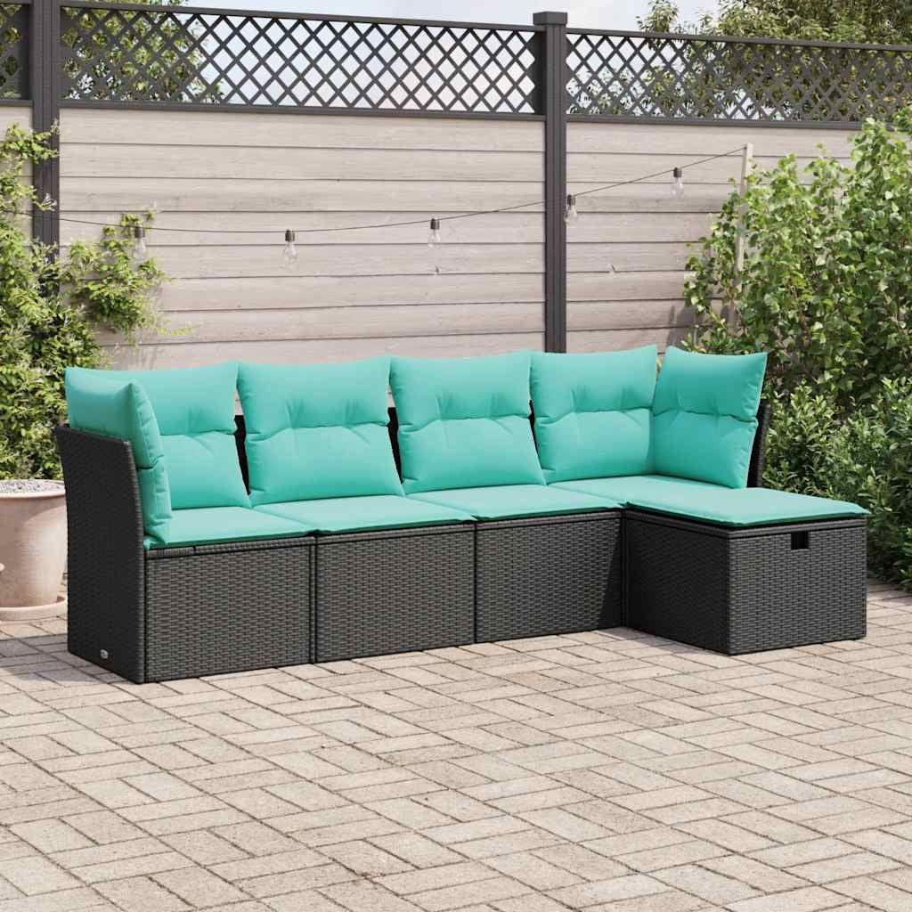 5 Piece Patio Sofa Set with Cushions Black Poly Rattan