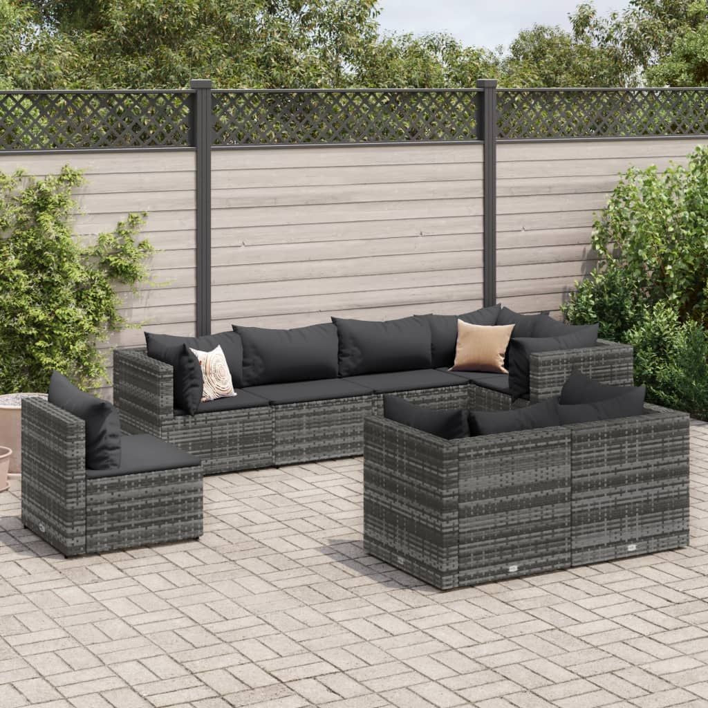 8 Piece Patio Lounge Set with Cushions Gray Poly Rattan