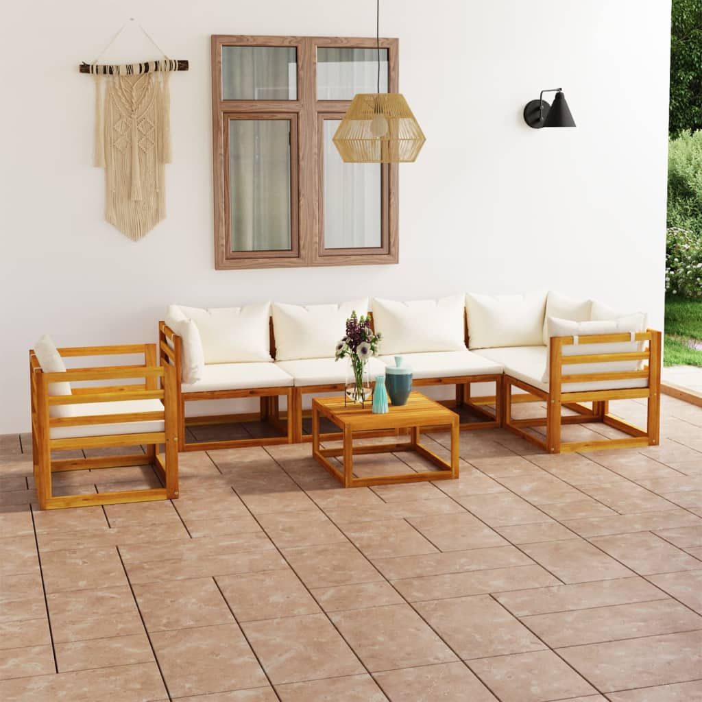 7 Piece Patio Lounge Set with Cushion Cream Solid Acacia Wood