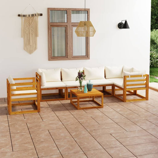 7 Piece Patio Lounge Set with Cushion Cream Solid Acacia Wood