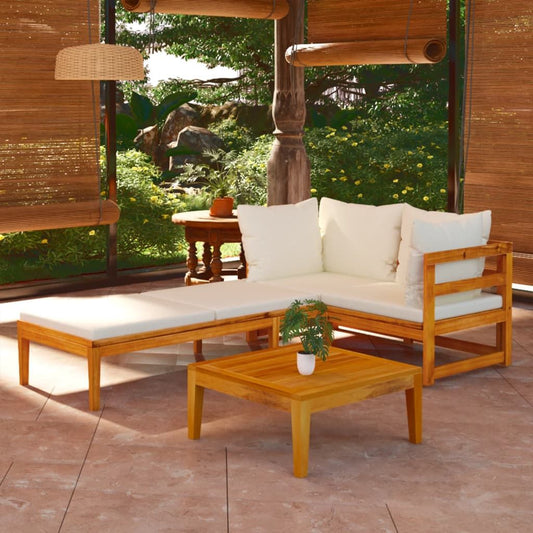 3 Piece Patio Lounge Set with Cream White Cushions Acacia Wood