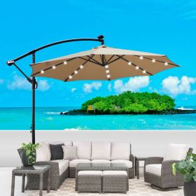 Tan 10 ft Outdoor Patio Umbrella Solar Powered LED Lighted Sun Shade Market Waterproof 8 Ribs Umbrella with Crank and Cross Base for Garden Deck Backy