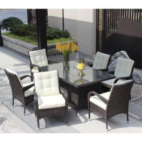 Patio 7-Piece Rectangular Dining Set with 6 Dining Chairs (Brown &Beige Cushion )