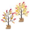 2Pcs 2FT Artificial Lighted Maple Tree With 24Pcs Warm White LED Beads 6Hrs Timer Battery Powered Artificial Fall Tree Tabletop Indoor Outdoor Fall De