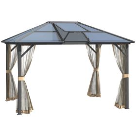 10' x 12' Hardtop Gazebo Canopy with Polycarbonate Roof, Top Vent and Aluminum Frame, Permanent Pavilion Outdoor Gazebo with Netting, for Patio