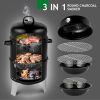 Vertical Steel Charcoal Smoker, Heavy Duty Double Layer Round BBQ Grill for Outdoor Cooking, Black