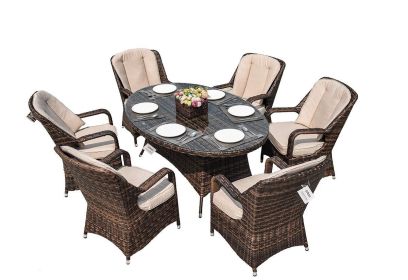 Direct Wicker Patio Wicker 7 Piece Oval Dining Set-Gray (Color: Dark Color)