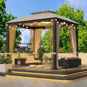 10X10FT Softtop Metal Gazebo with Mosquito Net&Sunshade Curtains,Sturdy Heavy Duty Double Roof Canopy,Galvanized Steel Design Outdoor Tent (Color: Beige)