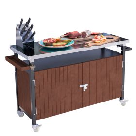 Outdoor Grill Cart with Stainless Steel Tabletop, Storage, Patio Kitchen Island with Wheels, Hooks, and Spice Rack, Waterproof Outdoor Grill Table (Color: as Pic)